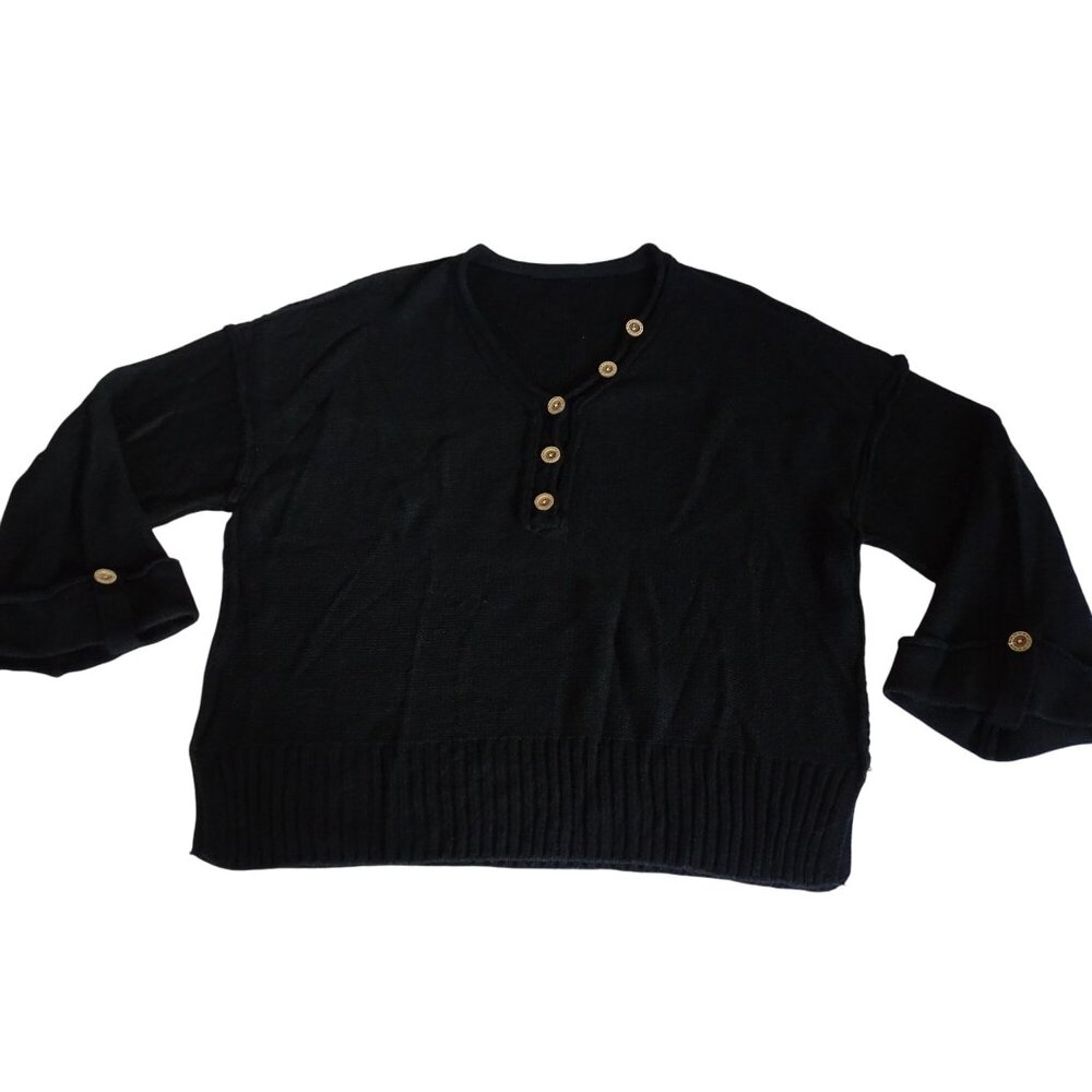 Black Henley Sweater Acrylic Oversized Knit Button Neck Pullover Women Size M